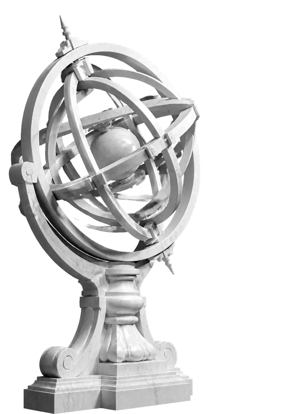 An armillary sphere carved as a marble sculpture.